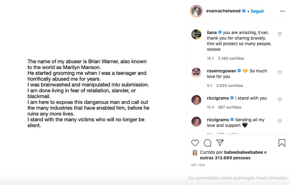 O post da atriz Evan Rachel Wood com suas acusações contra o ex Marilyn Manson (Foto: Instagram)