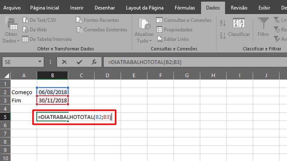 Escreva “=DIATRABALHOTOTAL(A;B)”, com “A” e “B” indicando, respectivamente, o primeiro e o último dia de trabalho (Foto: Reprodução/Daniel Ribeiro)