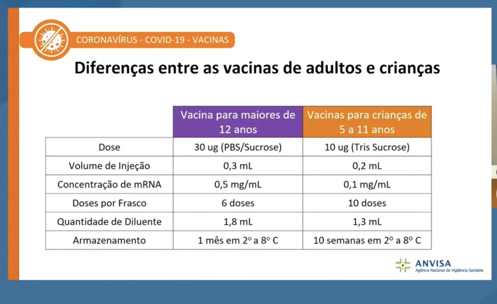 Diferenças entre as vacinas de adultos e crianças — Foto: Reprodução/Anvisa