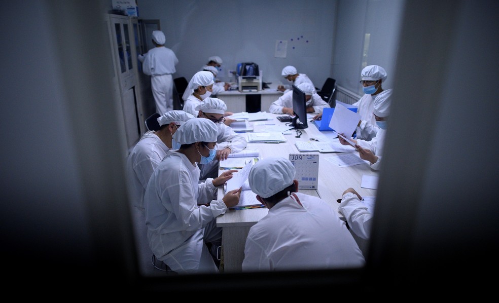 10 de junho - Pesquisadores trabalham em laboratório na província de Liaoning, nordeste da China. O local é um dos vários na China que tenta desenvolver vacina contra o coronavírus (COVID-19) — Foto: Noel Celis/AFP