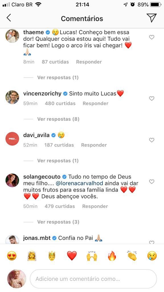 Lucas Lucco recebe apoio após noiva perder o bebê (Foto: Reprodução / Instagram)
