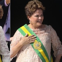 Dilma com a faixa comprada por Lula, em 2011 (à esquerda); e em 2015 com a peça antiga, estreada por Collor — Foto: Montagem