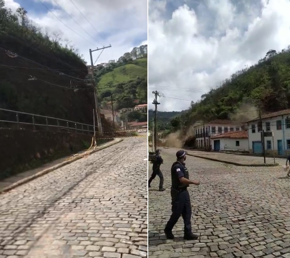 Dois ângulos diferentes mostram deslizamento no Morro da Forca, em Ouro Preto. — Foto: Jiljana Isidoro e Redes sociais