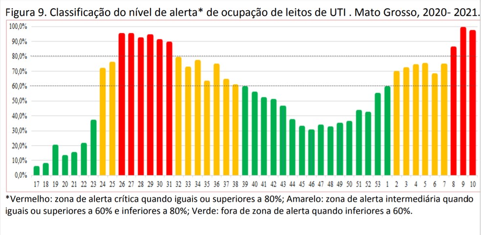Classificação do nível de alerta de ocupação das UTIs em MT por semana em 1 ano de pandemia — Foto: Reprodução/UFMT