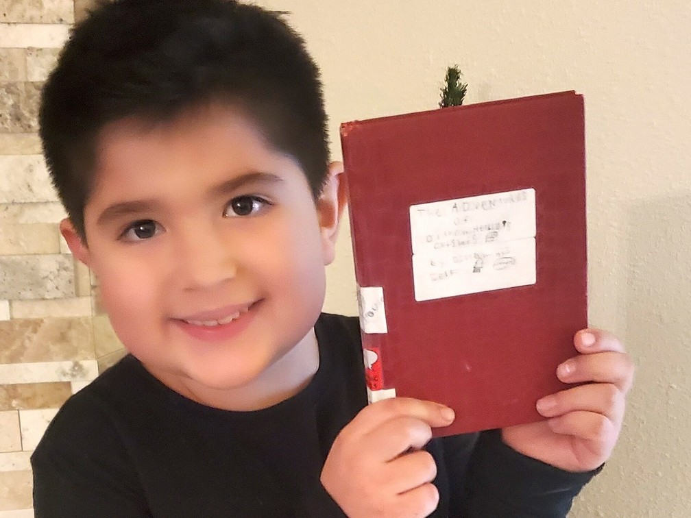 Dillon Helbig, 8 anos, com o livro feito à mão por ele, que o menino colocou numa prateleira de biblioteca — Foto: Arquivo pessoal / Famíia Helbig