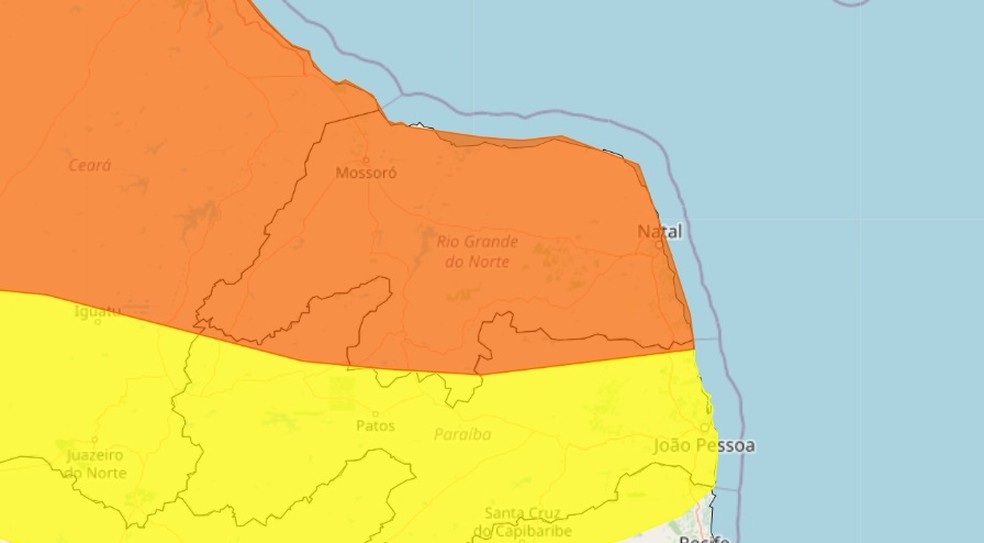 Alerta laranja de perigo engloba todas as regiões do Rio Grande do Norte — Foto: Inmet/Reprodução
