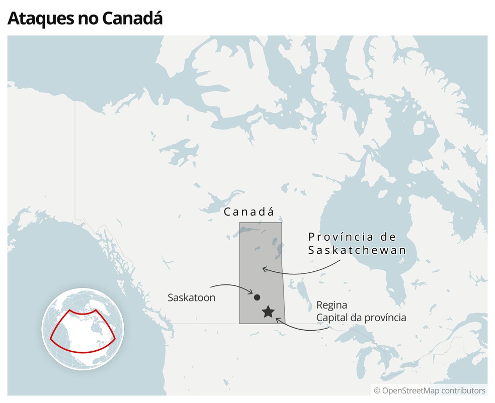 Mapa mostra a localização de Saskatoon, na província de Saskatchewan, no Canadá — Foto:g1
