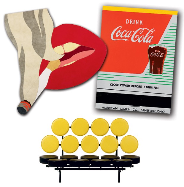 Ícones do pop expostos no Barbican: Smoker Banner (1971), de TomWesselmann; Close Cover Before Striking (1962), de Andy Warhol; e o sofá Marshmallow (1956), de Irving Harper (Foto: Divulgação)