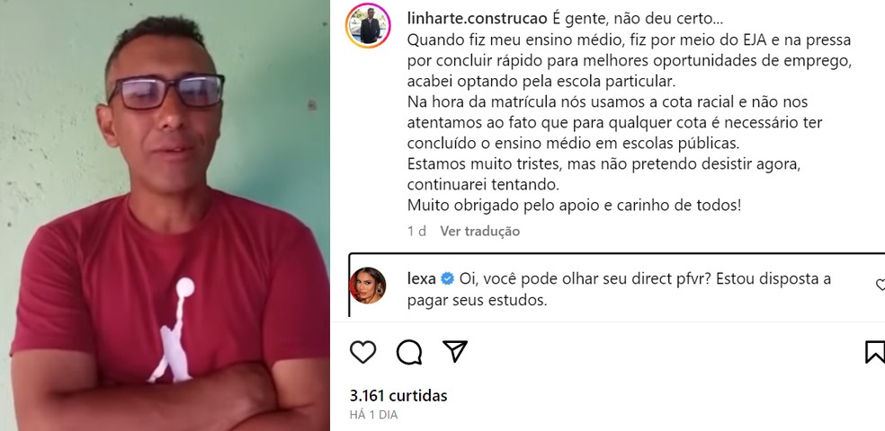 Cantora Lexa responde post de pedreiro que foi barrado de ingressar na Universidade em Góias — Foto: Reprodução Instagram