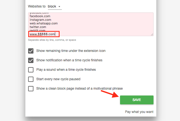 Opção para adicionar um site na lista de bloqueio da extensão Block & Focus para Google Chrome (Foto: Reprodução/Marvin Costa)