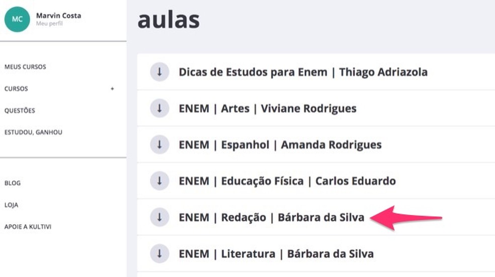 Ação para acessar as aulas do curso do Enem do site Kultivi — Foto: Reprodução/Marvin Costa