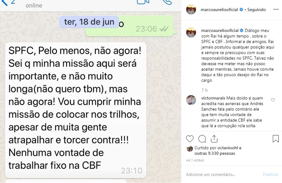 Marco Aurélio Cunha divulga conversa com Raí, na qual dirigente descarta trabalhar na CBF — Foto: Reprodução / instagram