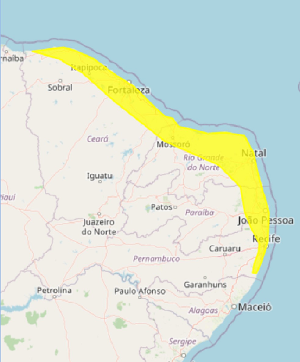 Alerta de chuva abrange 89 cidades do RN além de partes do Ceará, Paraíba e Pernambuco — Foto: Inmet