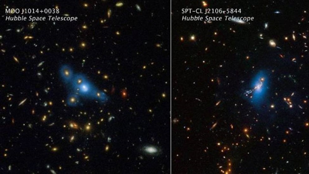 Os aglomerados de galáxias MOO J1014+0038 (esq.) e SPT-CL J2106-5844 (dir.). A cor azul foi aplicada artificialmente com base em dados do telescópio espacial Hubble e mostra a luz das estrelas errantes — Foto: NASA, ESA, STSCI, JAMES JEE (YONSEI UNIVERSITY)