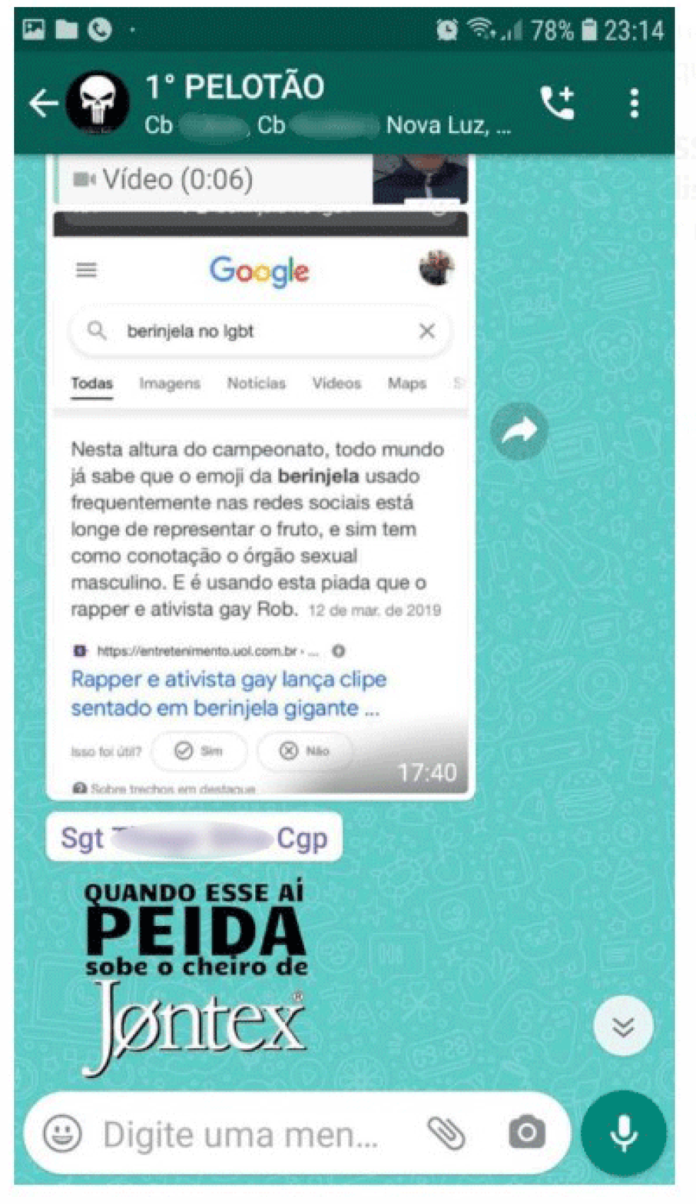 Vídeo do soldado Guilherme Vicente dizendo que gostaria de comer berinjela foi compartilhado em grupo de WhatsApp de policiais com ofensas homofóbicas  — Foto: Reprodução/Redes sociais