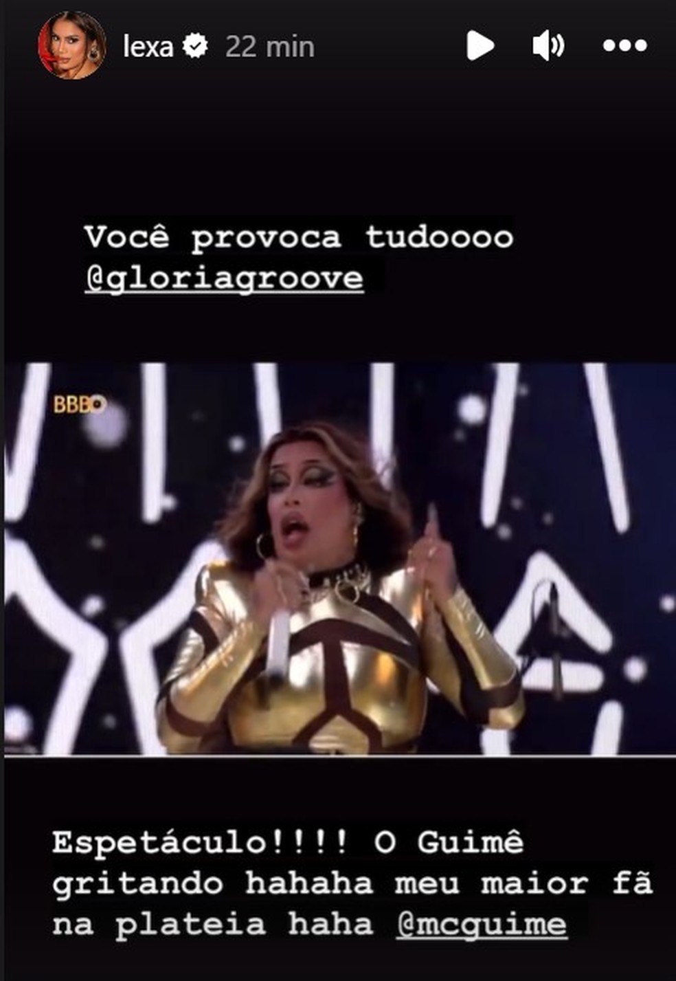 Lexa comenta momento em que MC Guim&ecirc; canta sua m&uacute;sica com Gloria Groove no BBB 23 &mdash; Foto: Reprodu&ccedil;&atilde;o/Instagram