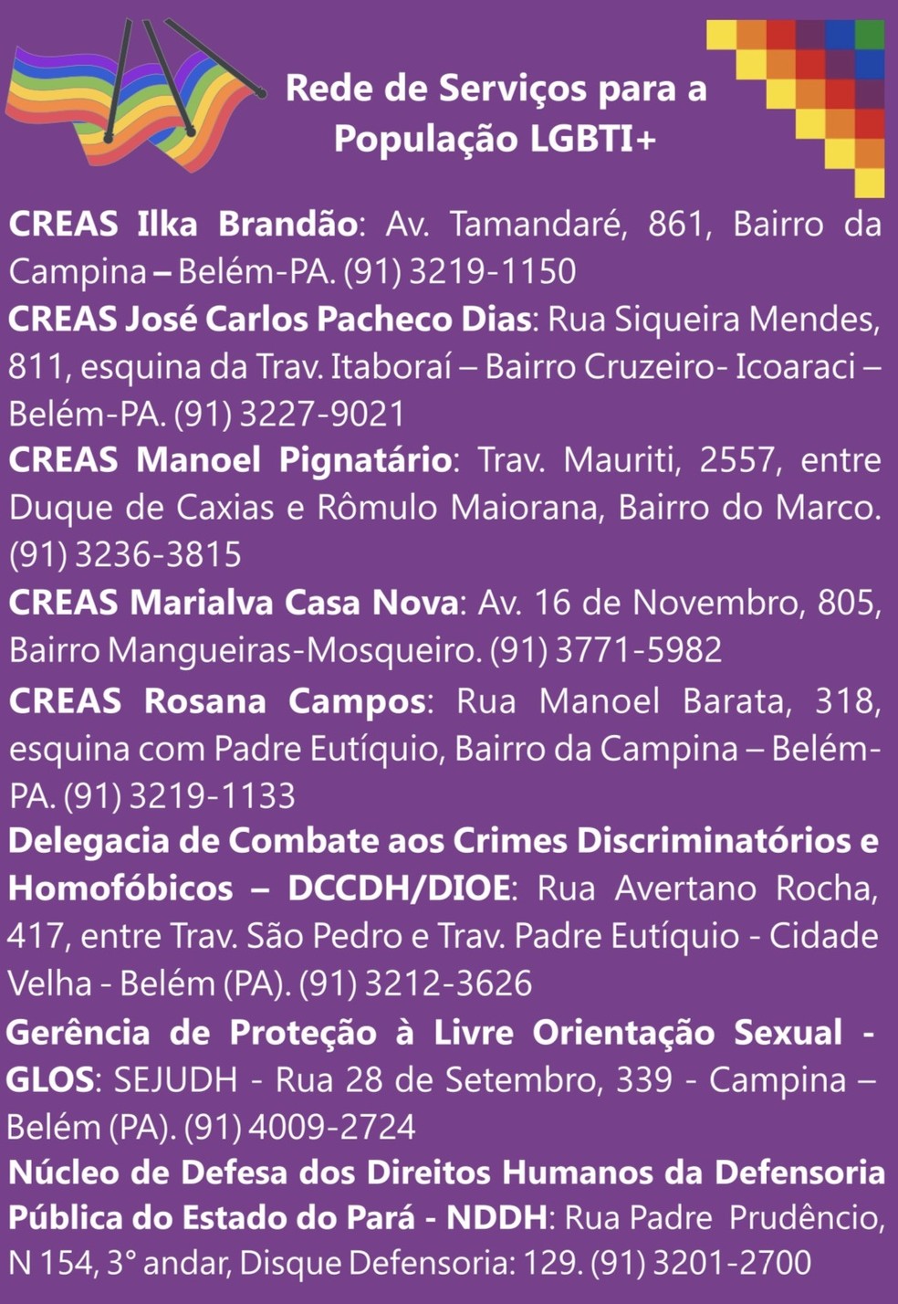 Comissão de Diversidade Sexual da OAB-PA lista endereços de rede de apoio a população LGBTI — Foto: Reprodução/OAB-PA