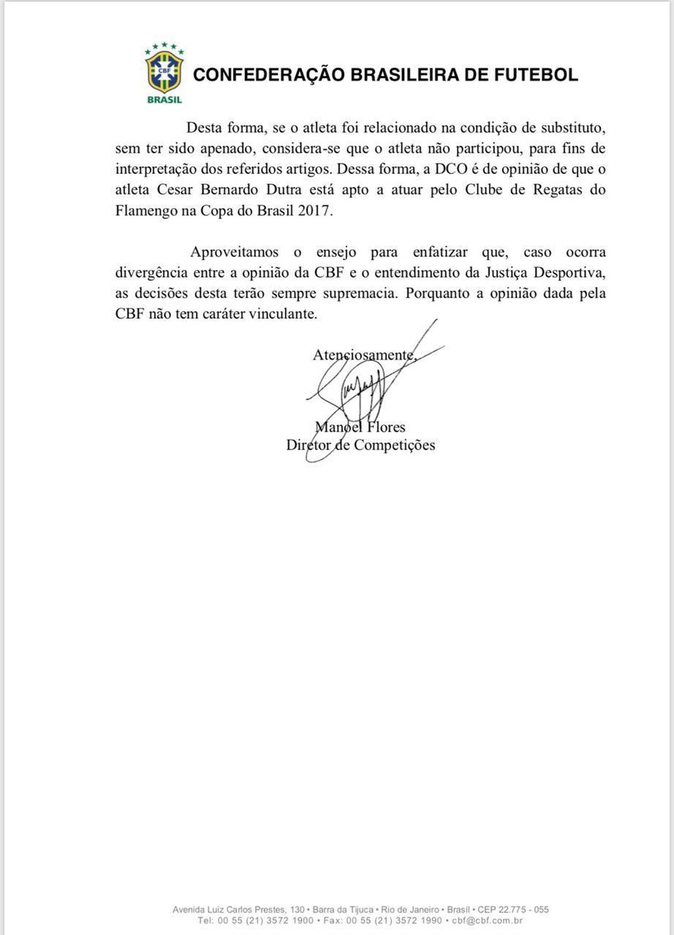 Of&iacute;cio da CBF sobre a escala&ccedil;&atilde;o de C&eacute;sar em 2017 &mdash; Foto: Reprodu&ccedil;&atilde;o