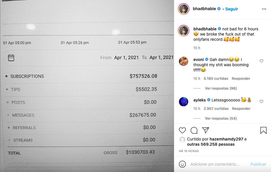 O post da rapper Bhad Bhabie expondo o US$ 1 milhão acumulado por ela em suas primeiras seis horas no Only Fans (Foto: Instagram)