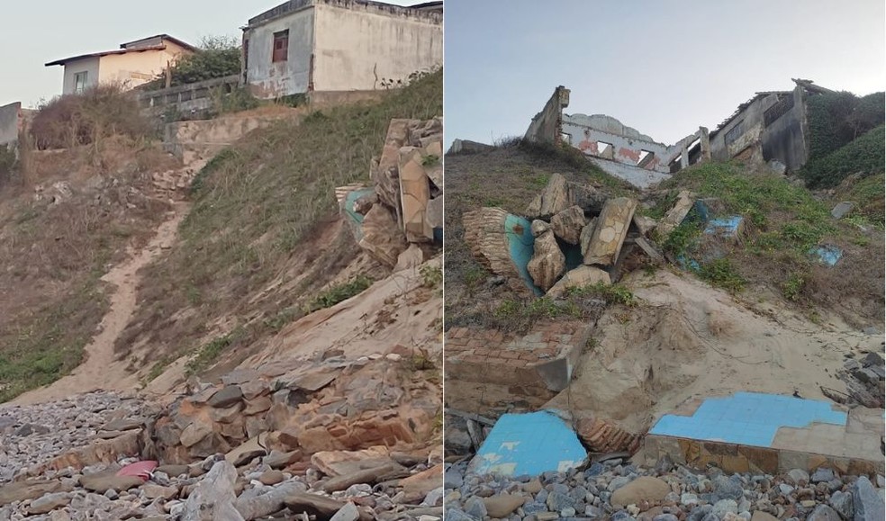 Terrenos da casa de Ercília e de imóveis vizinhos sofreram erosão com avanço do mar.  — Foto: Arquivo pessoal
