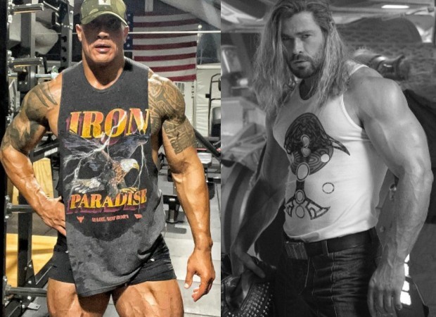 Dwayne Johnson, o The Rock, e Chris Hemsworth mostram músculos (Foto: Reprodução / Instagram )