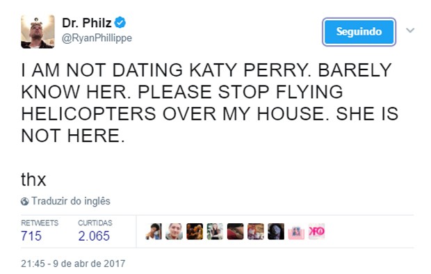 Ryan Phillippe desmente affair com Katy Perry (Foto: Reprodução)