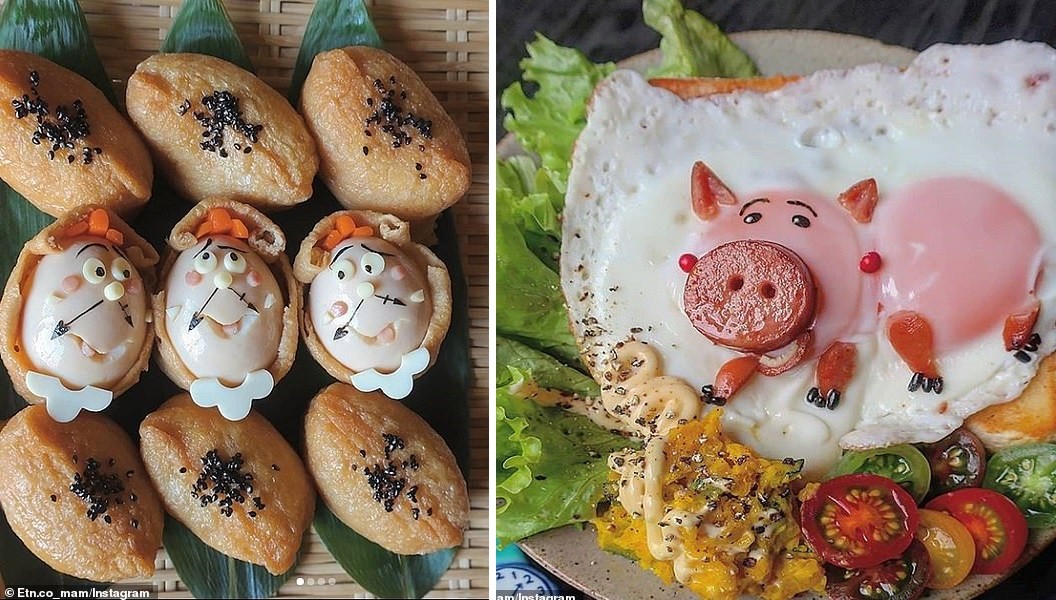 Na foto, um prato de ovo feito para se parecer com Cogsworth de A bela e a fera; e o Ursinho Pooh e o Leitão criados com ovos (Foto: Reprodução Instagram)