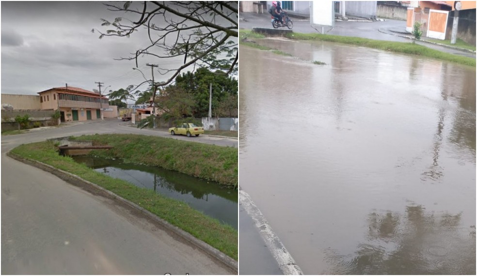 Antes e depois da chuva na Avenida Iguabela, em Iguaba Grande, no RJ — Foto: Google Maps/Karina de Souza