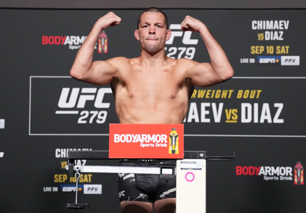 Nate Diaz bateu o limite do meio-médio com 77,6kg, mas futuro da luta com Chimaev é incerto — Foto: Chris Unger/Zuffa LLC