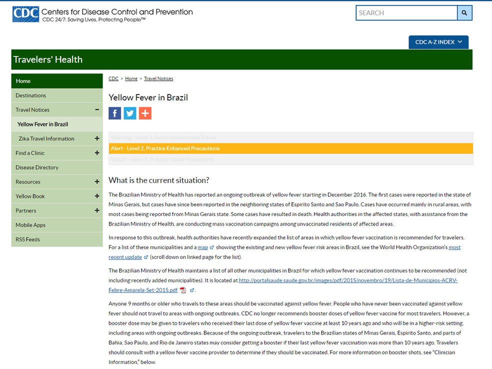 Agência de saúde dos EUA publicou nota sobre o assunto em seu site (Foto: Reprodução/CDC)
