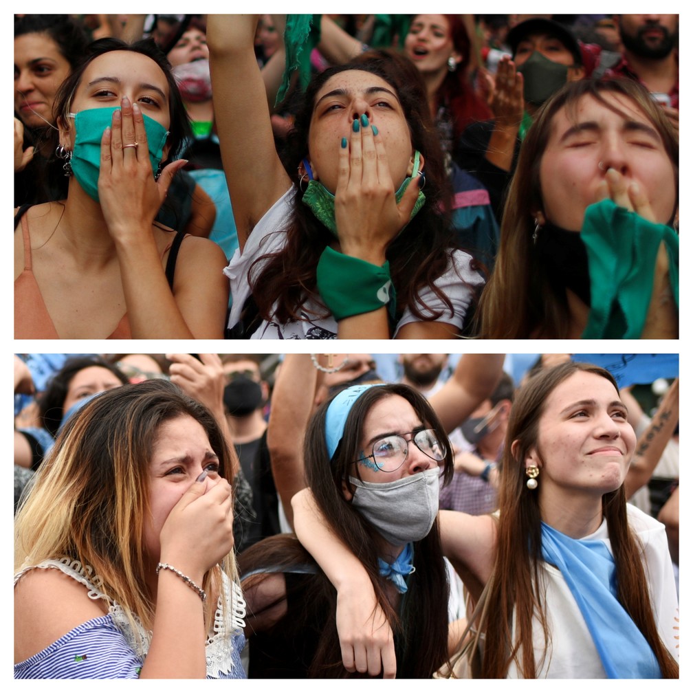 No alto, argentinas comemoram a aprovação dos deputados do projeto de lei que descriminaliza o aborto; abaixo, um grupo lamenta o resultado da votação, em 11 de dezembro de 2020 — Foto: Martin Villar e Agustin Marcarian/Reuters