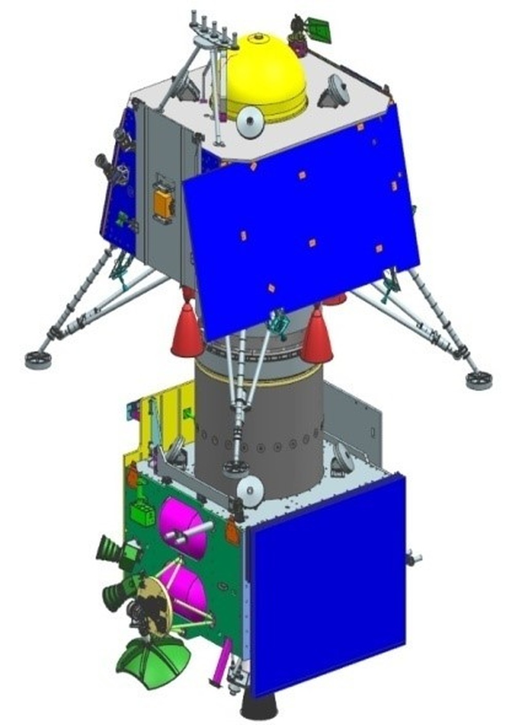 Desenho da sonda Chandrayaan-2 acoplada ao módulo Vikram — Foto: Divulgação/Indian Space Research Organisation