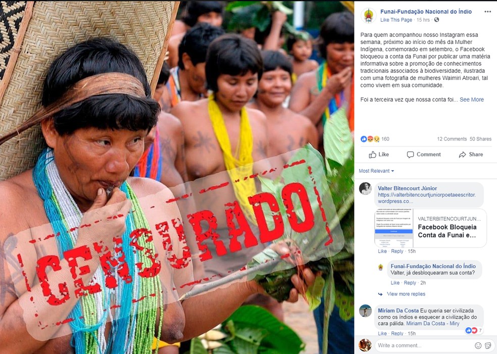 Funai denunciou bloqueio no Facebook apÃ³s postagem de imagem de Ã­ndias (Foto: ReproduÃ§Ã£o/G1)