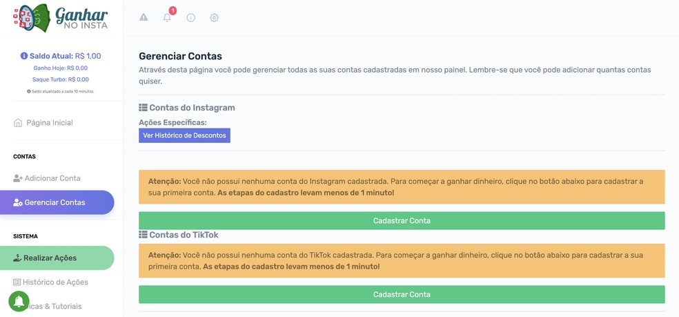 Página de gerenciamento de contas do Ganhar no Insta — Foto: Reprodução/Barbara Mannara