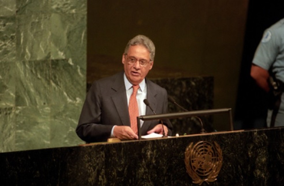 Fernando Henrique discursa na ONU como presidente do Brasil, em 1997 — Foto: UN Photo/Eskinder Debebe