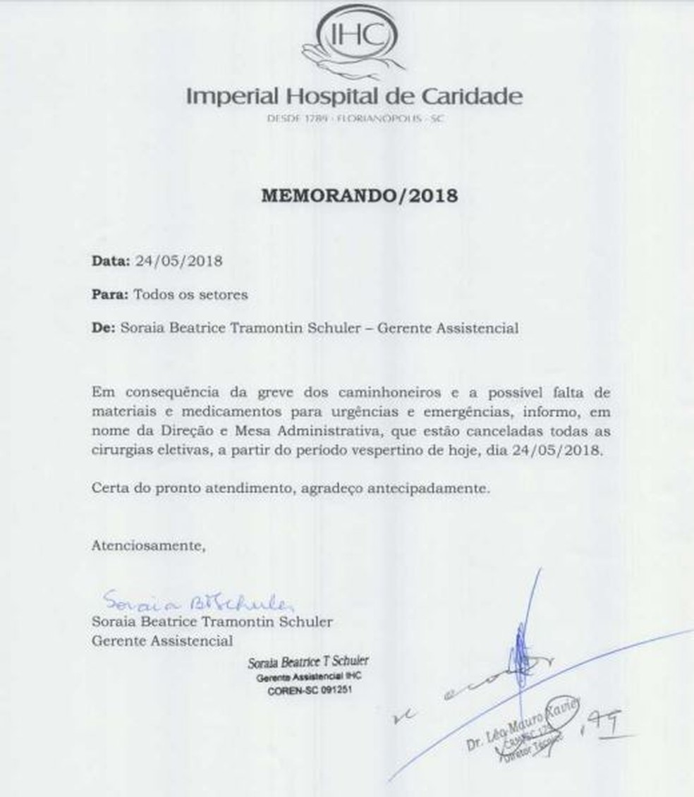 Memorando do Hospital de Caridade, em Florianópolis, informa a suspensão de cirurgia eletiva (Foto: Reprodução)