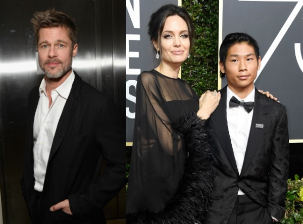 Brad Pitt e Angelina Jolie com Pax no Globo de Ouro 2018 (Foto: Getty Images)