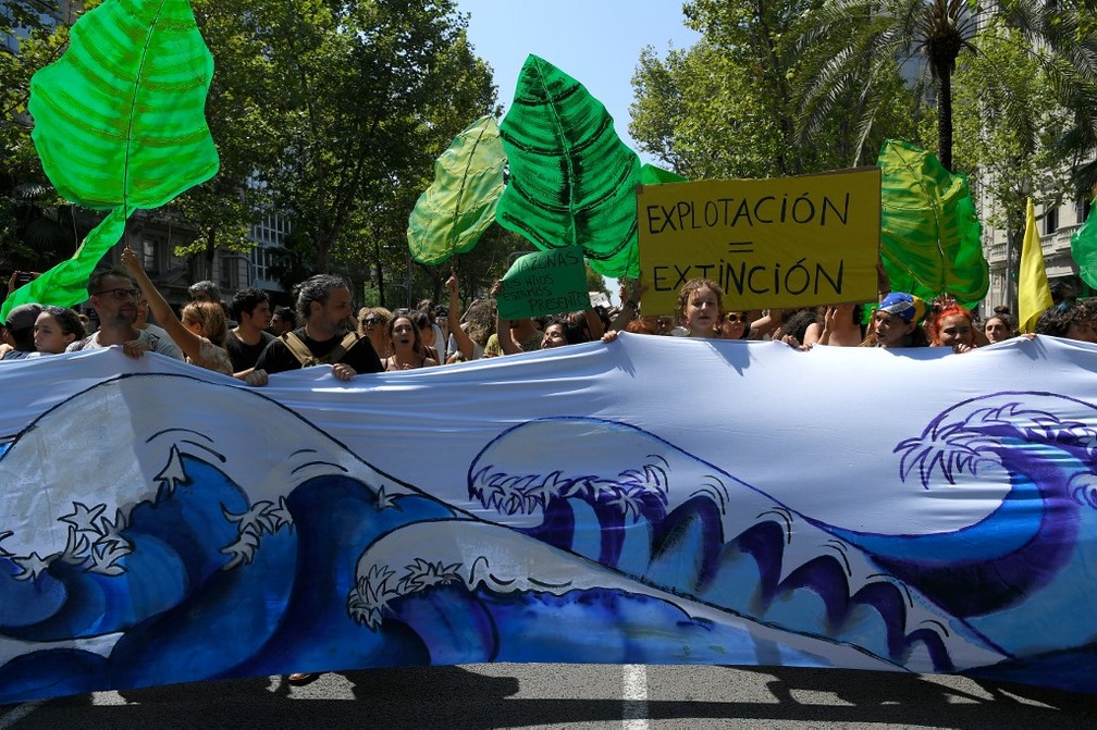 Manifestantes se reuniram em Barcelona, na Espanha, nesta sexta-feira (23), para protestar contra as queimadas e o desmatamento na Amazônia. — Foto: Lluis Gene/AFP