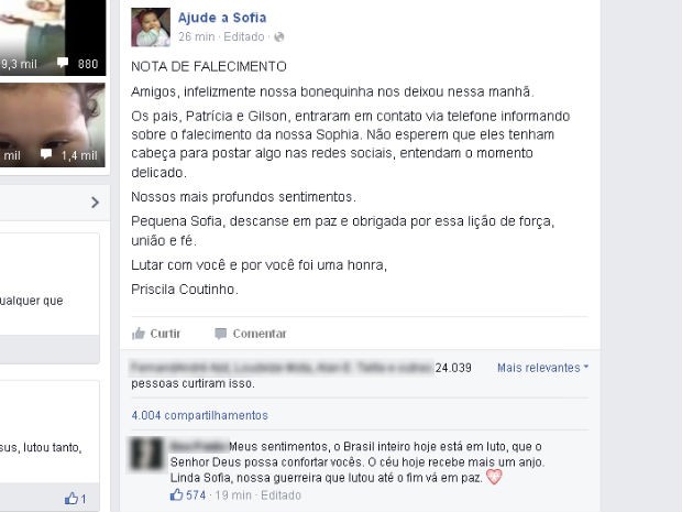 Postagem da internet confirma a morte da menina Sofia (Foto: Reprodução / Facebook)