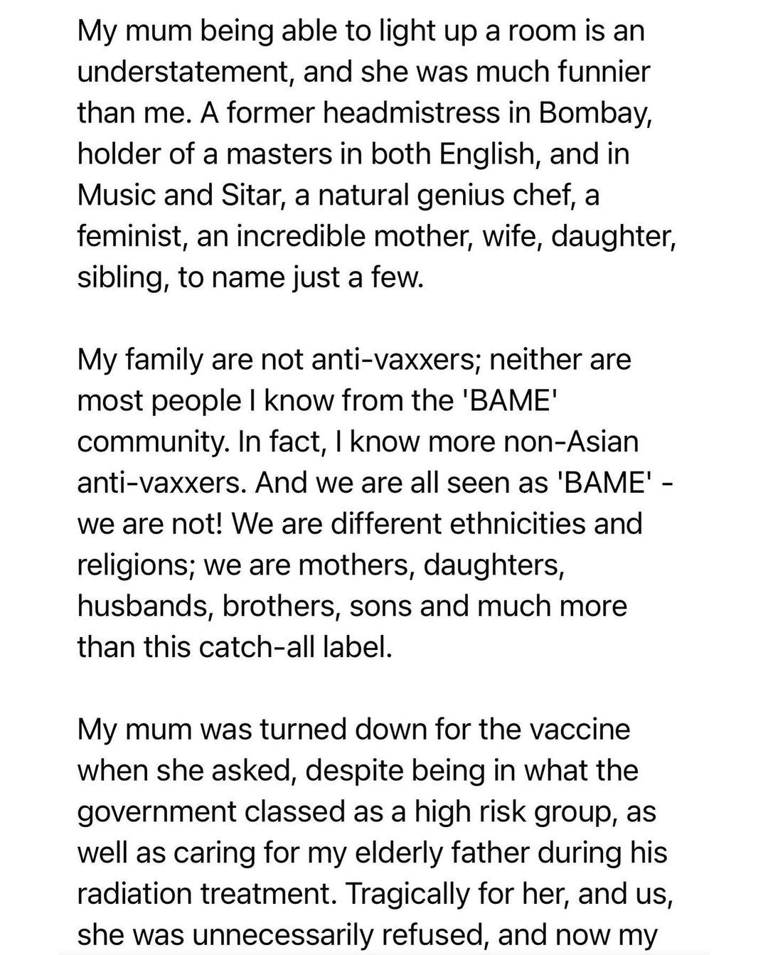 Comediante Paul Chowdhry diz que mãe, que se recusou a ser vacinada, morreu de Covid-19 (Foto: Reprodução/Instagram)