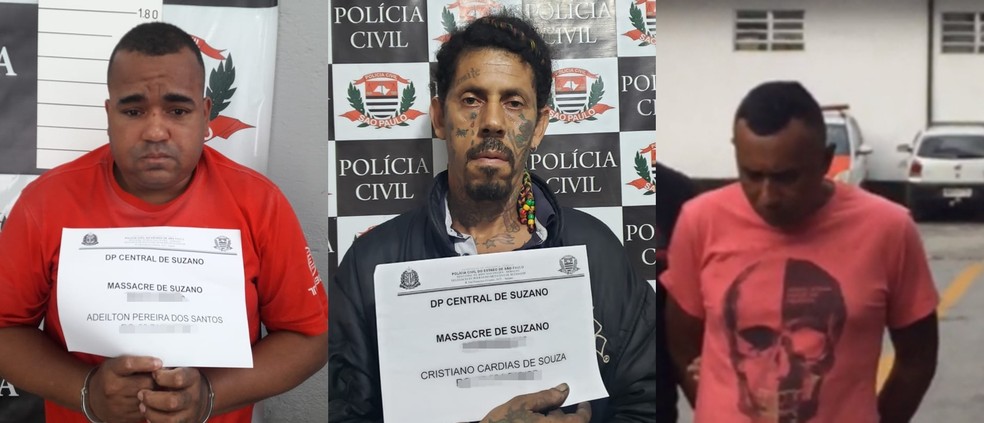 Adeilton dos Santos (esq.), Cristiano de Souza (centro) e Geraldo dos Santos respondem pela venda de arma e munições usadas no massacre — Foto: Reprodução/G1