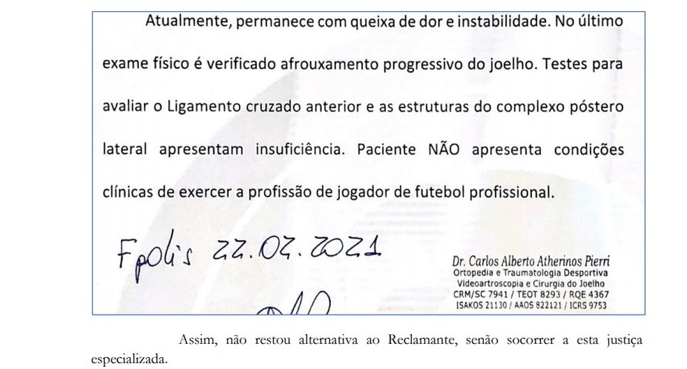 Laudo médico que decreta o fim da carreira do jogador  — Foto: Reprodução 