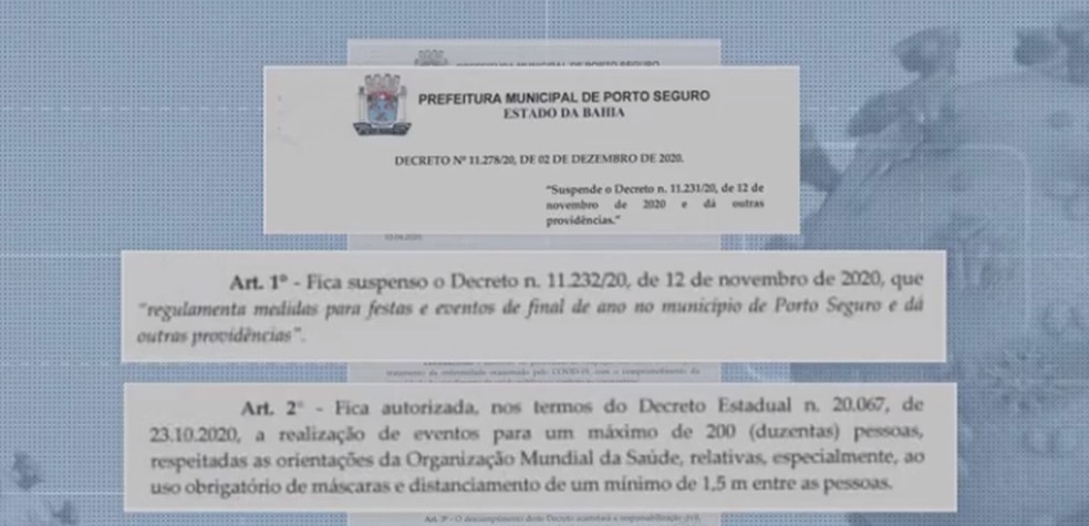 Prefeitura de Porto Seguro suspende decreto que libera realização de festas de fim de ano — Foto: Reprodução / TV Santa Cruz