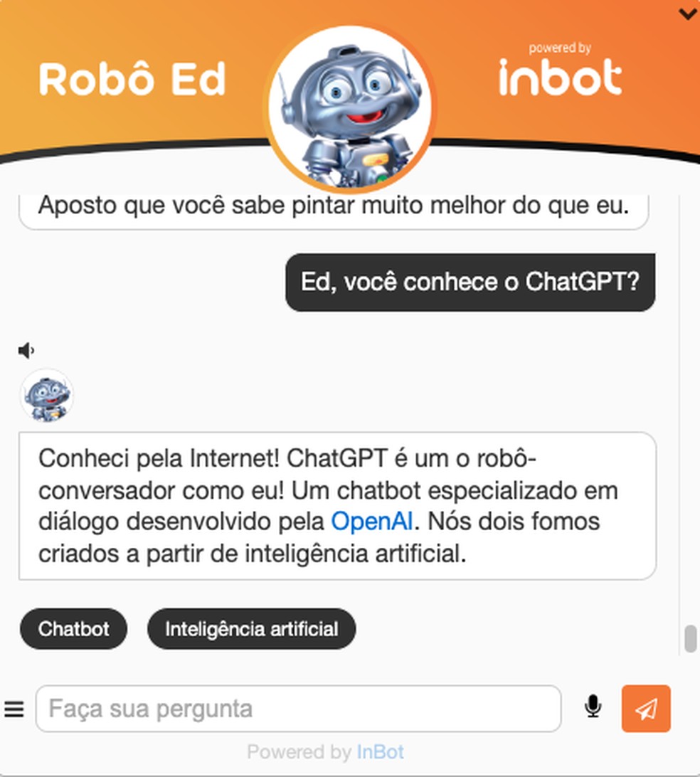 Robô Ed agora conhece o ChatGPT — Foto: Reprodução/InBot