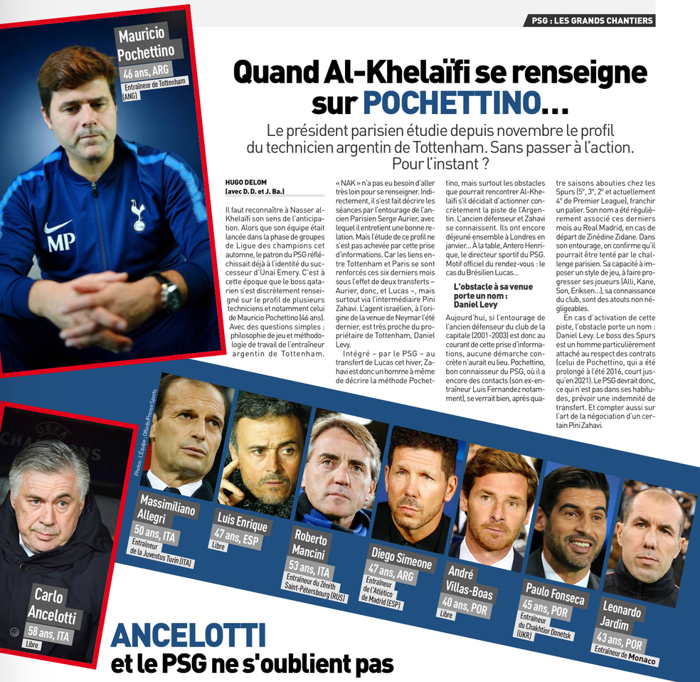 Os outros candidatos: Pochettino e Ancelotti também são bem cotados no time francês (Foto: Reprodução/L'Equipe)