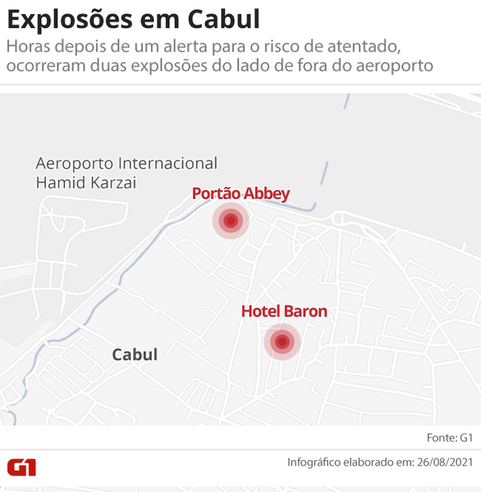 Mapa identifica área das explosões próximas ao aeroporto de Cabul em 26 de agosto de 2021 — Foto: Arte G1