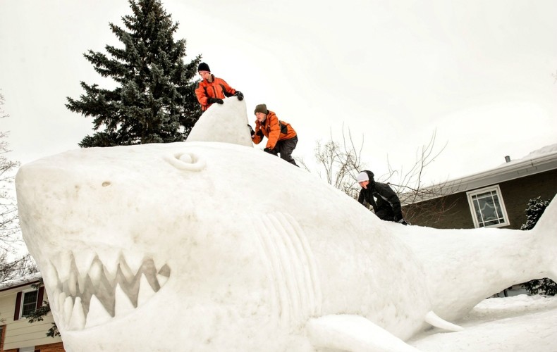 Irmãos encaram frio nos EUA para contruir tubarão com neve (Foto: Divulgação/Glen Stubbe/Minneapolis Star Tribune)
