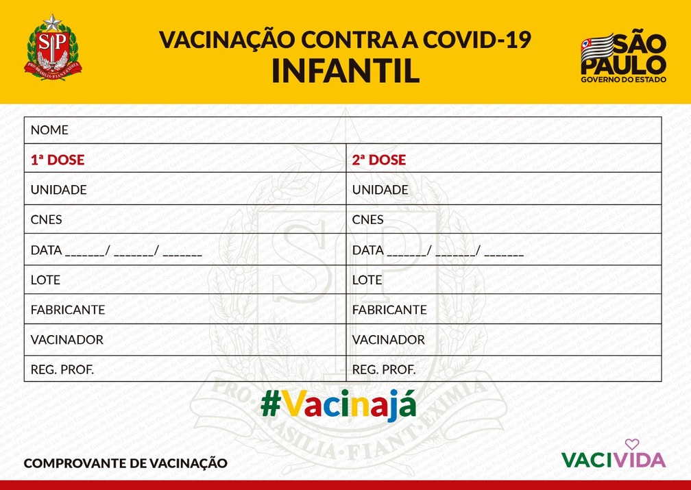 Carteirinha de vacinação contra a Covid-19 infantil no estado de São Paulo — Foto: Divulgação/Governo do Estado de São Paulo