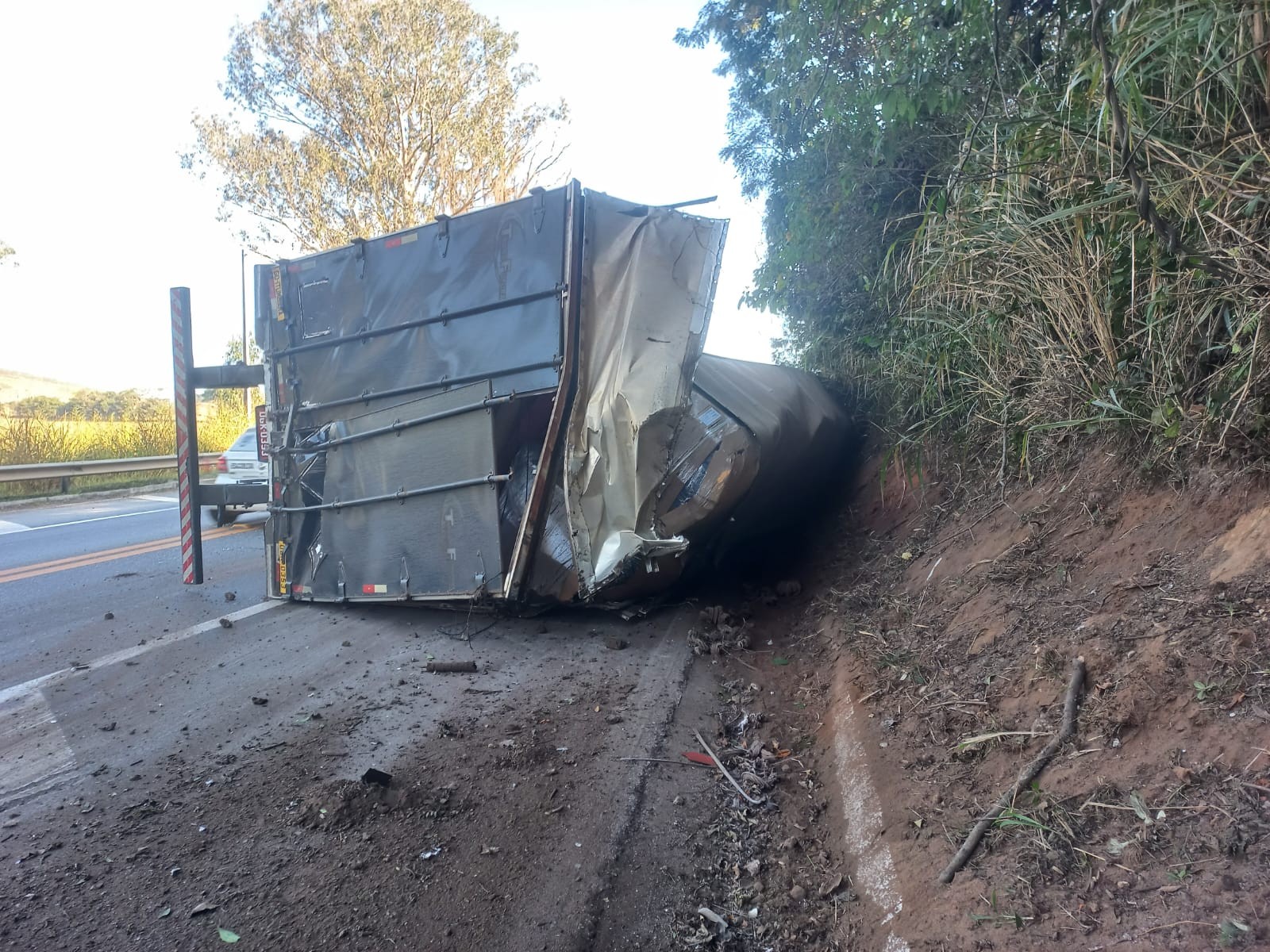 Carreta carregada com tubos de ensaio tomba na BR-040, em Santos Dumont