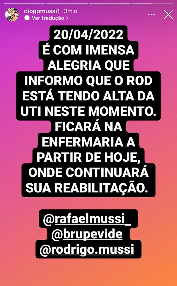 Rodrigo Mussi teve alta da UTI e seguirá na enfermaria (Foto: Reprodução / Instagram)
